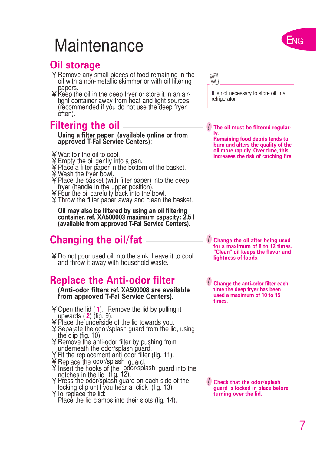 T-Fal B 302412226 ENG Maintenance, Oil storage, Filtering the oil, Changing the oil/fat, Replace the Anti-odor filter 