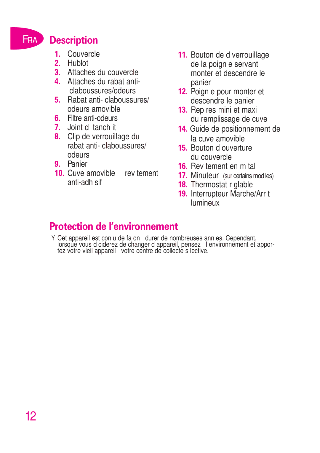 T-Fal B 302412226 manual FRA Description, Protection de l’environnement, Minuteur sur certains modèles 