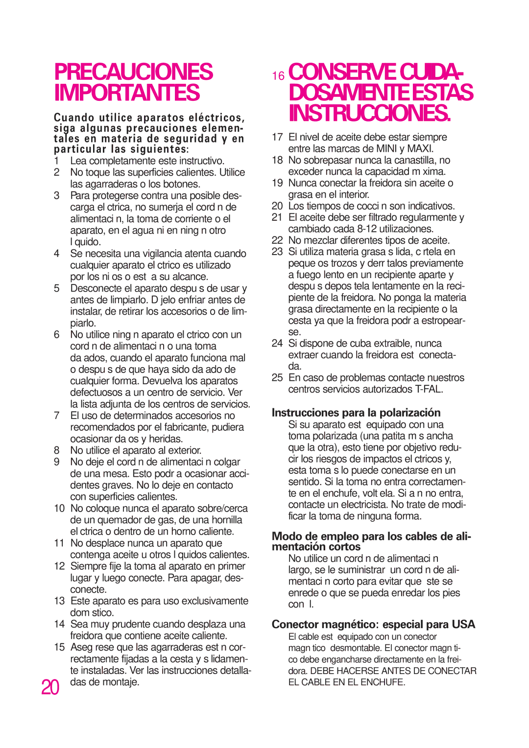 T-Fal B 302412226 manual Precauciones Importantes, Instrucciones para la polarización, Conector magnético especial para USA 