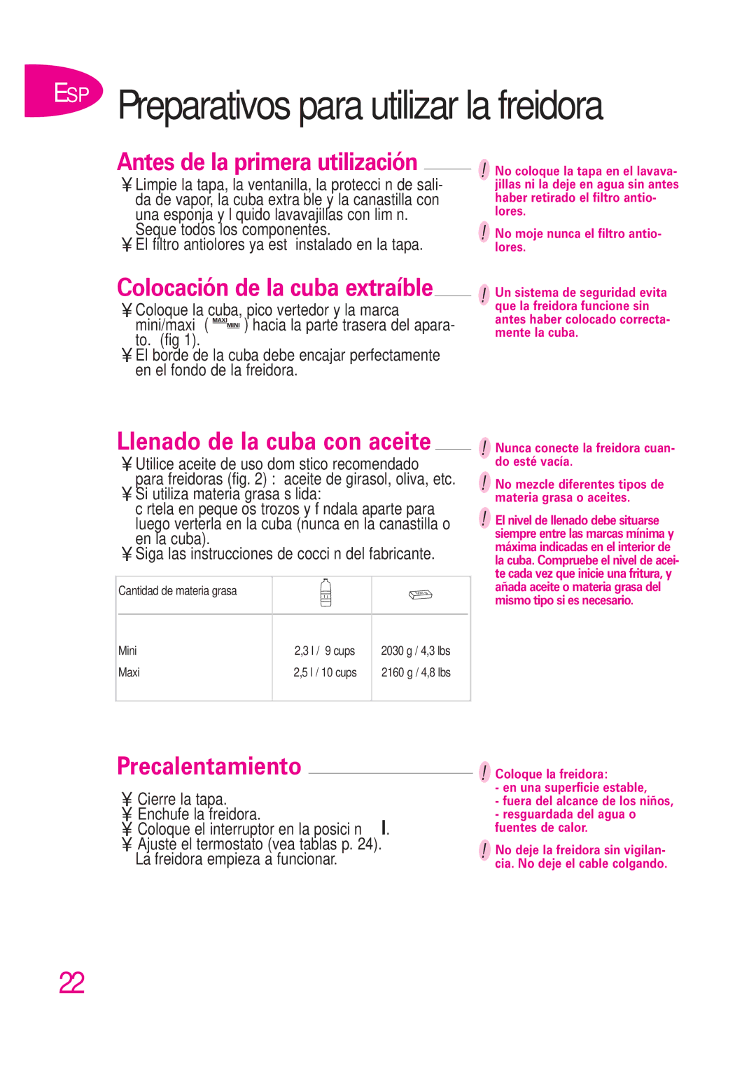 T-Fal B 302412226 manual Antes de la primera utilización, Llenado de la cuba con aceite, Precalentamiento 