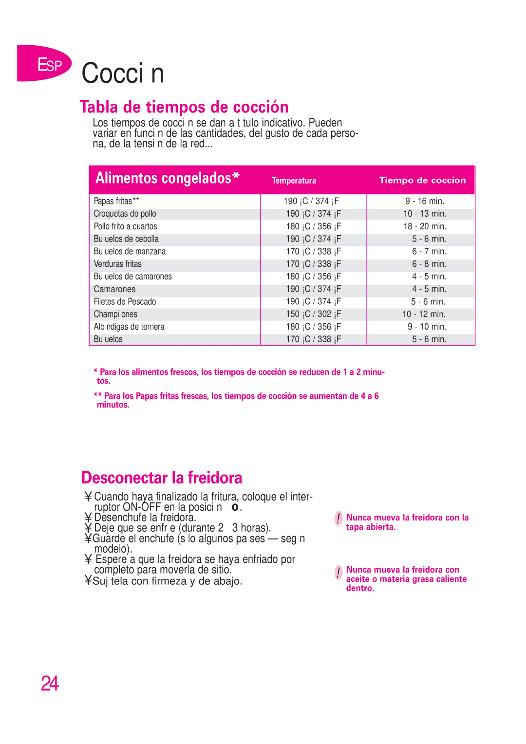 T-Fal B 302412226 manual Tabla de tiempos de cocción, Desconectar la freidora 