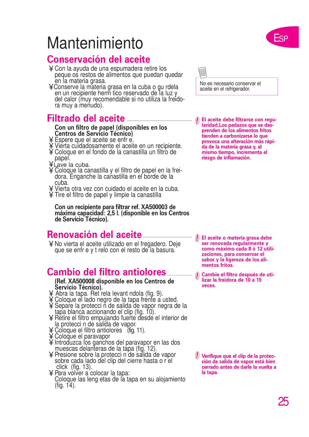 T-Fal B 302412226 manual ESP Mantenimiento, Conservación del aceite, Filtrado del aceite, Renovación del aceite 