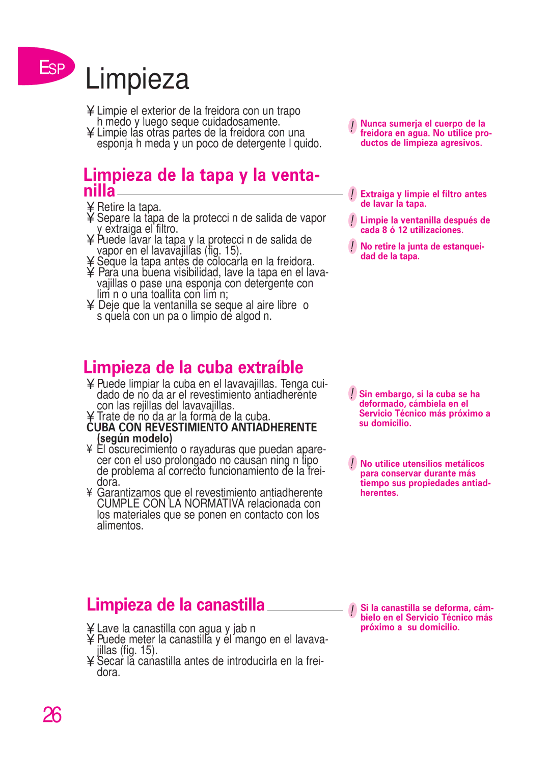 T-Fal B 302412226 manual ESP Limpieza, Limpieza de la tapa y la venta- nilla, Limpieza de la cuba extraíble 