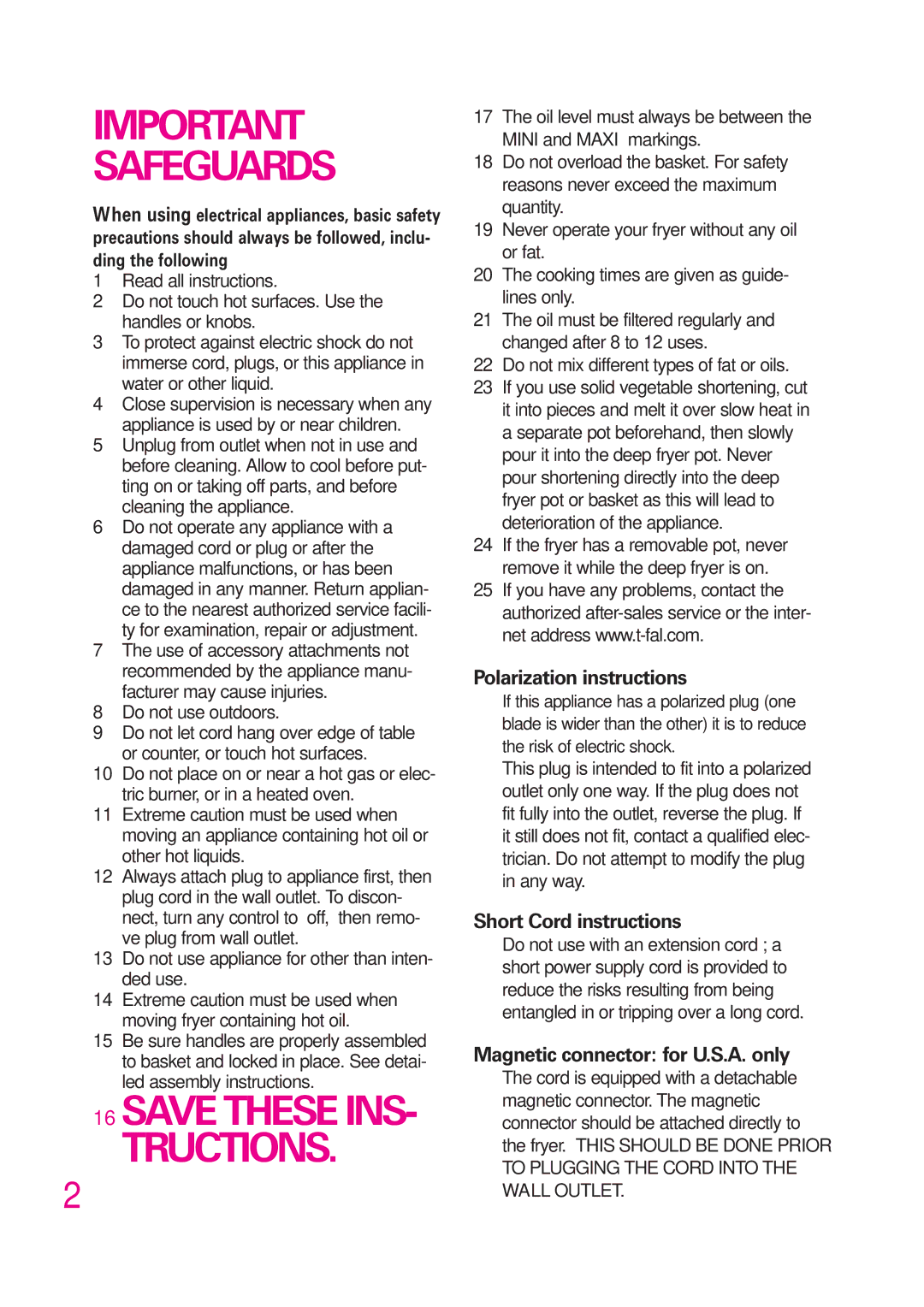 T-Fal B 302412226 manual Safeguards, Save These INS Tructions, Polarization instructions, Short Cord instructions 