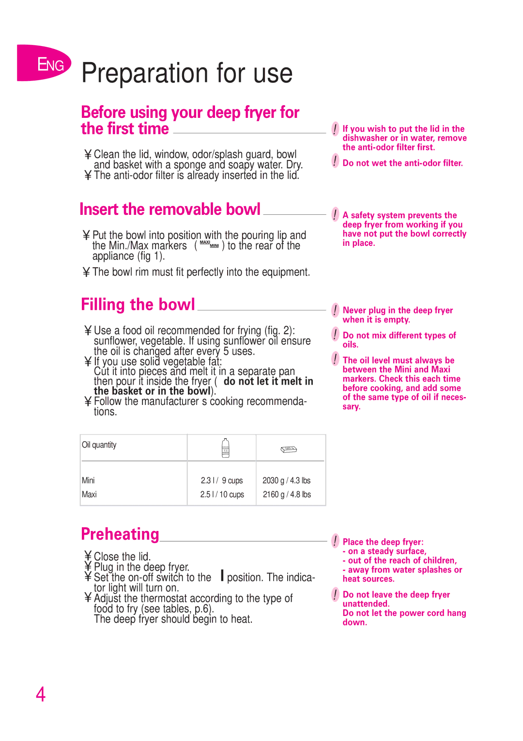 T-Fal B 302412226 ENG Preparation for use, Before using your deep fryer for the first time, Insert the removable bowl 