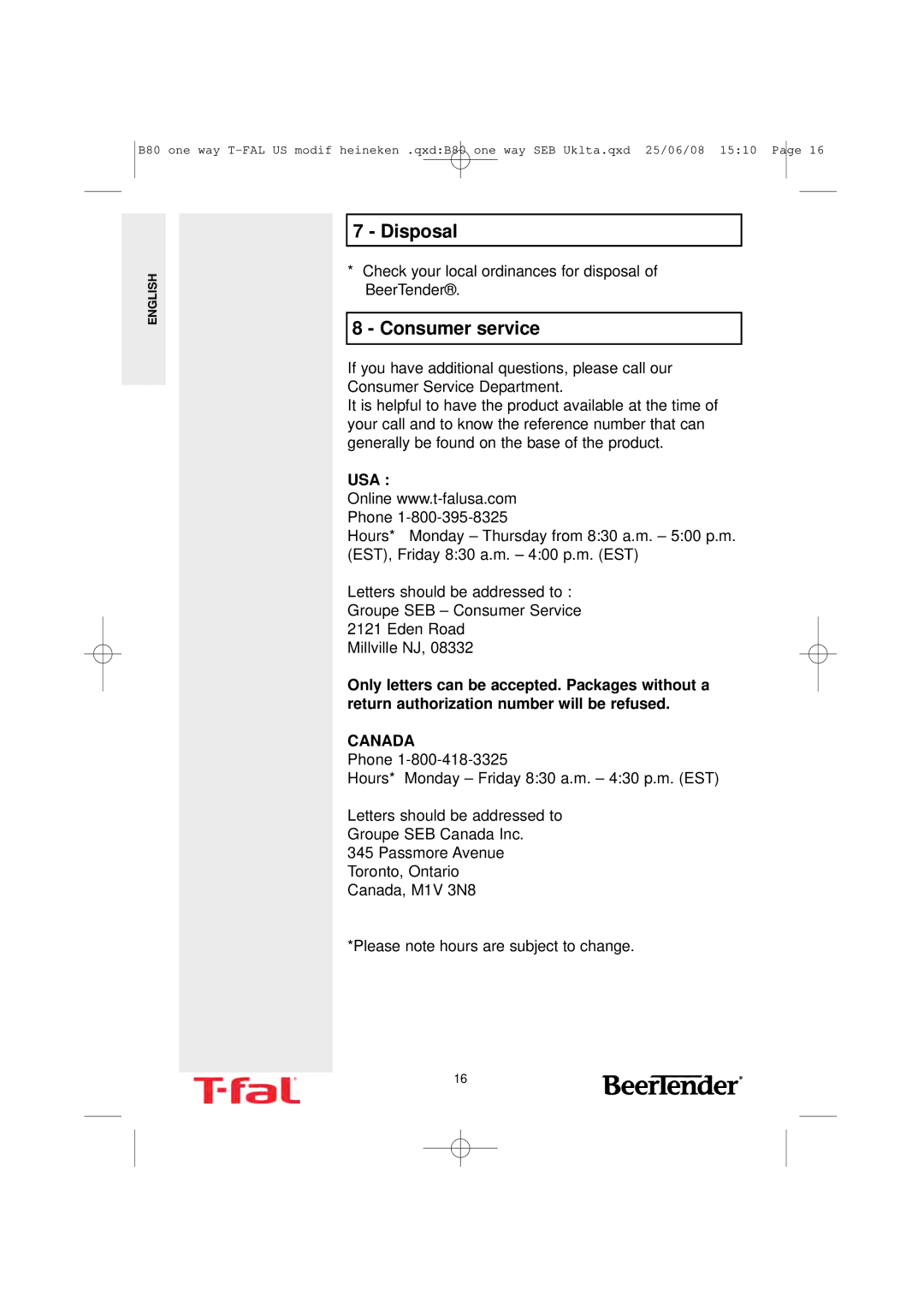 T-Fal BeerTender manual Disposal, Consumer service 