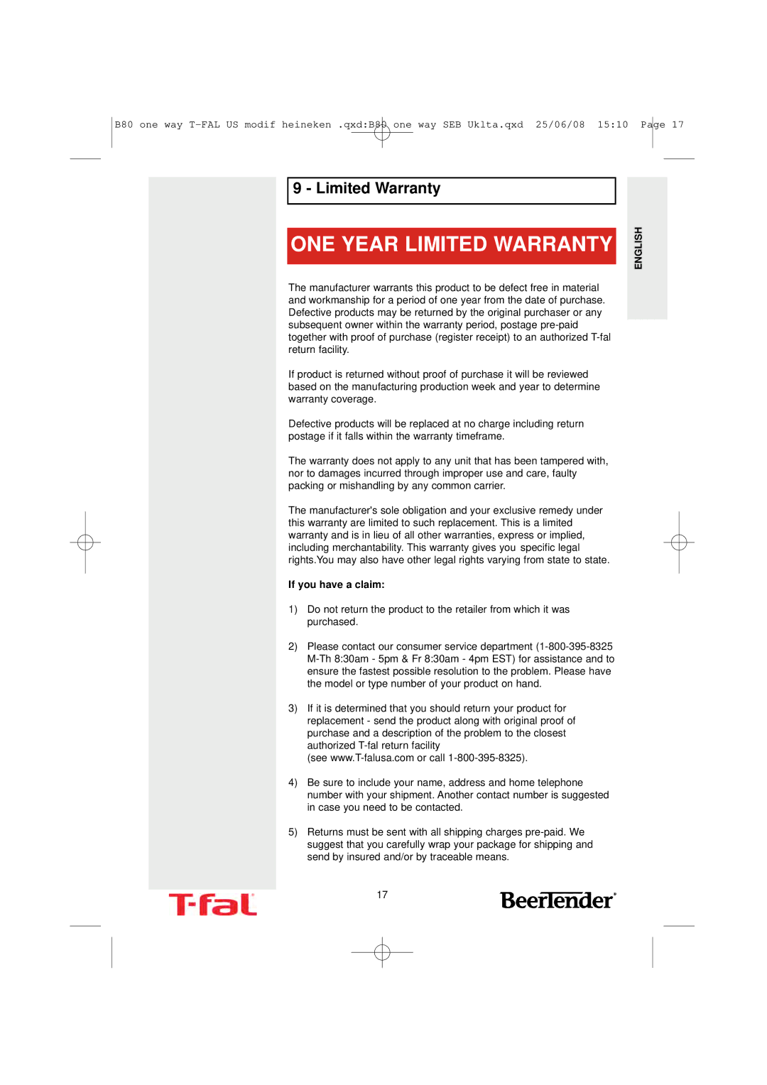 T-Fal BeerTender manual ONE Year Limited Warranty 