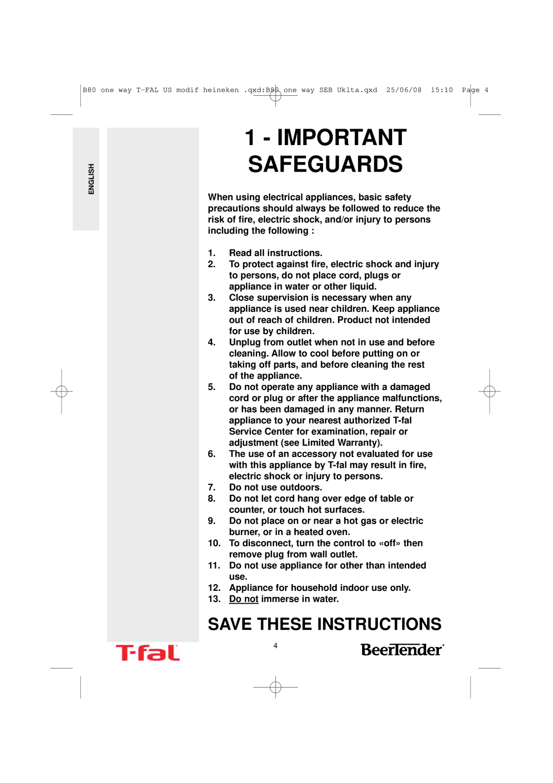 T-Fal BeerTender manual Important Safeguards 