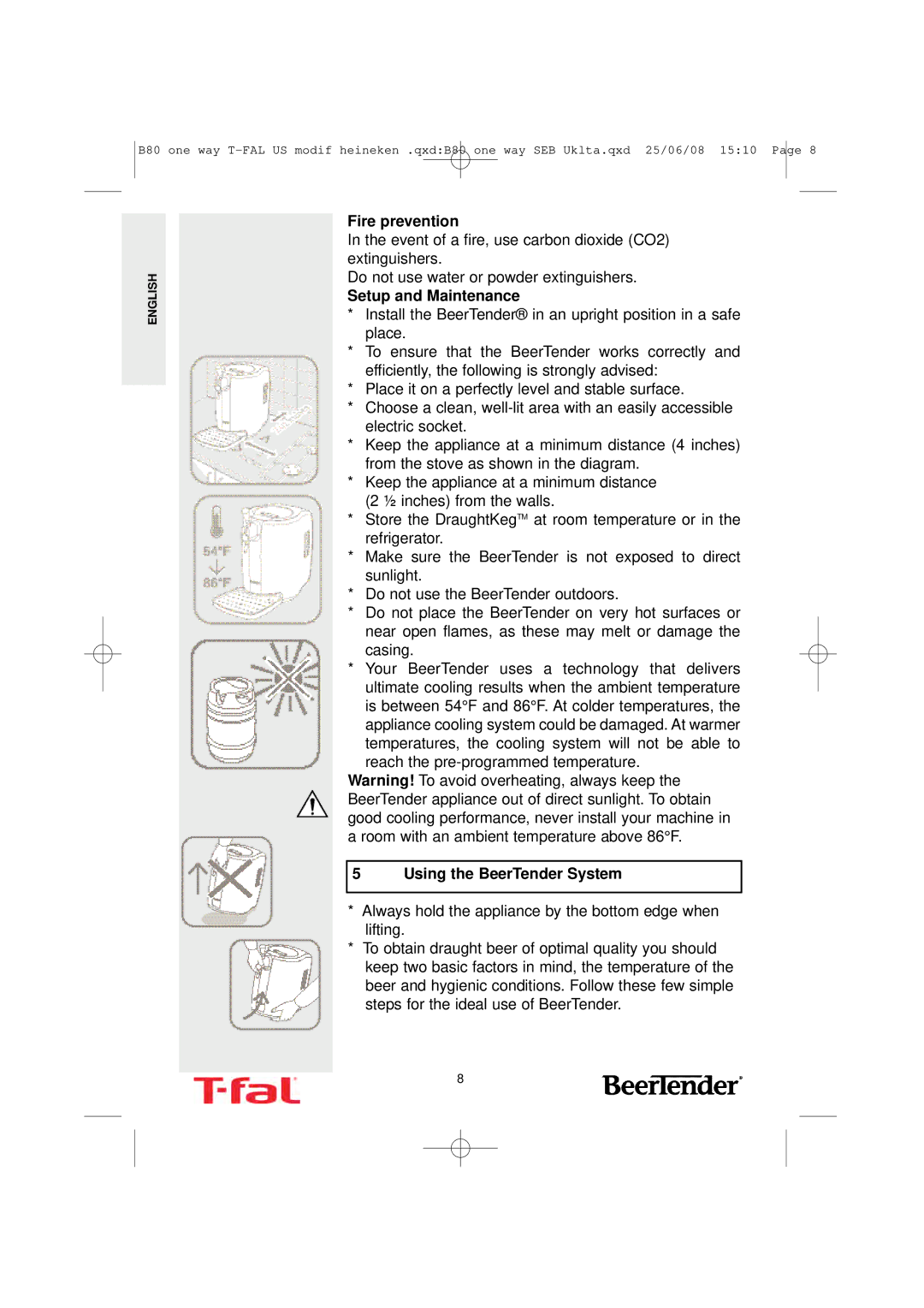 T-Fal manual Fire prevention, Setup and Maintenance, Using the BeerTender System 