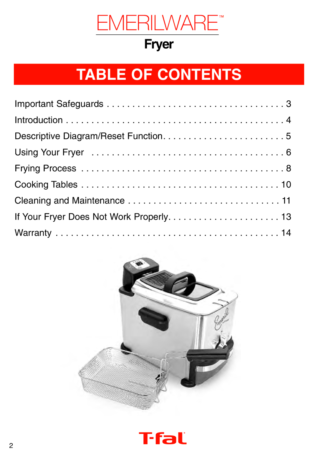 T-Fal Deep Fryer manual Table of Contents 