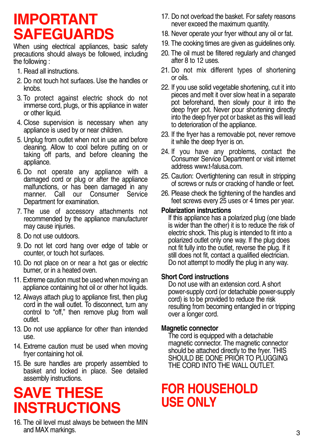 T-Fal Deep Fryer manual Polarization instructions, Short Cord instructions, Magnetic connector 