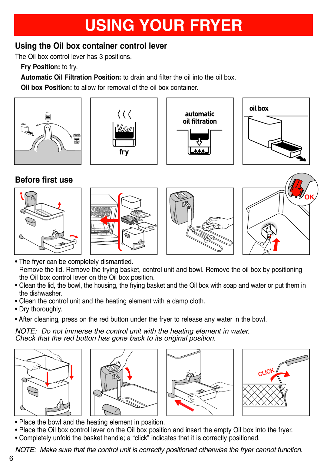 T-Fal Deep Fryer manual Using Your Fryer, Using the Oil box container control lever, Before first use 