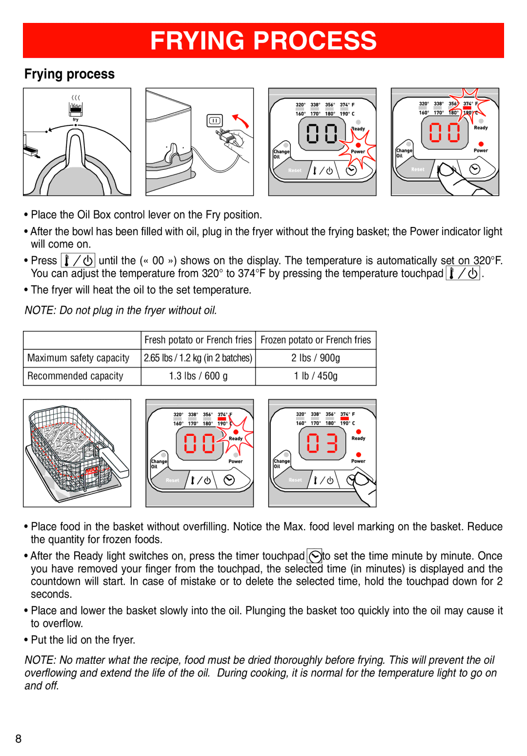 T-Fal Deep Fryer manual Frying Process, Frying process 