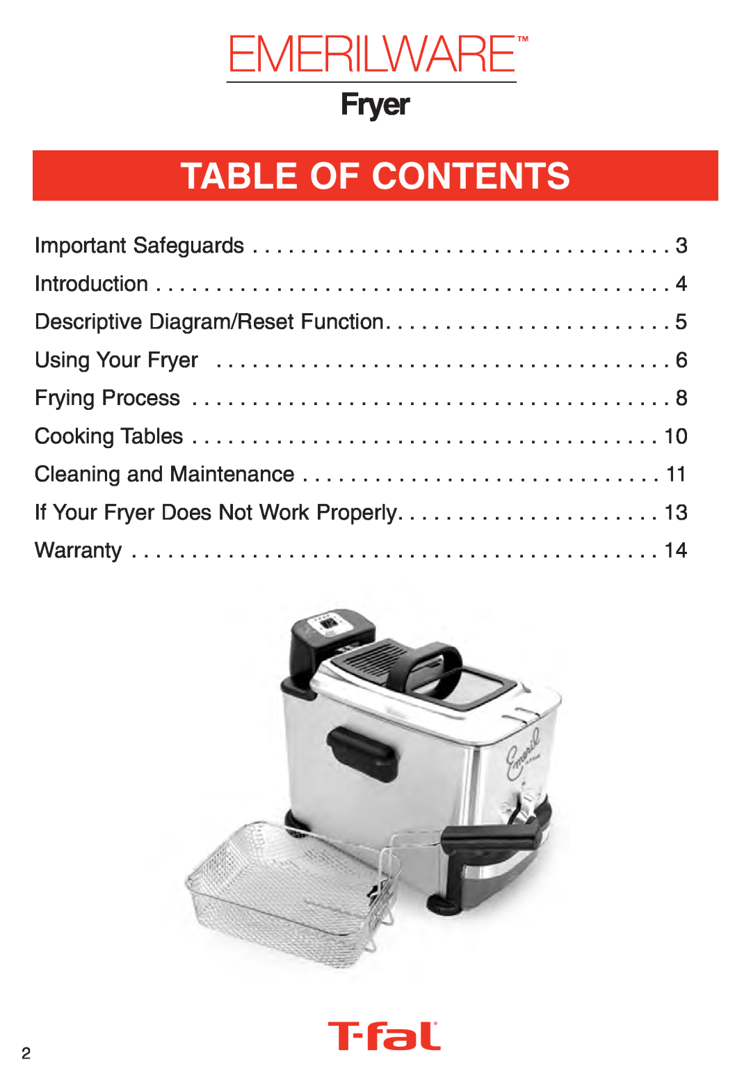 T-Fal Deep Fryer manual Table Of Contents, Important Safeguards Introduction Descriptive Diagram/Reset Function, Warranty 