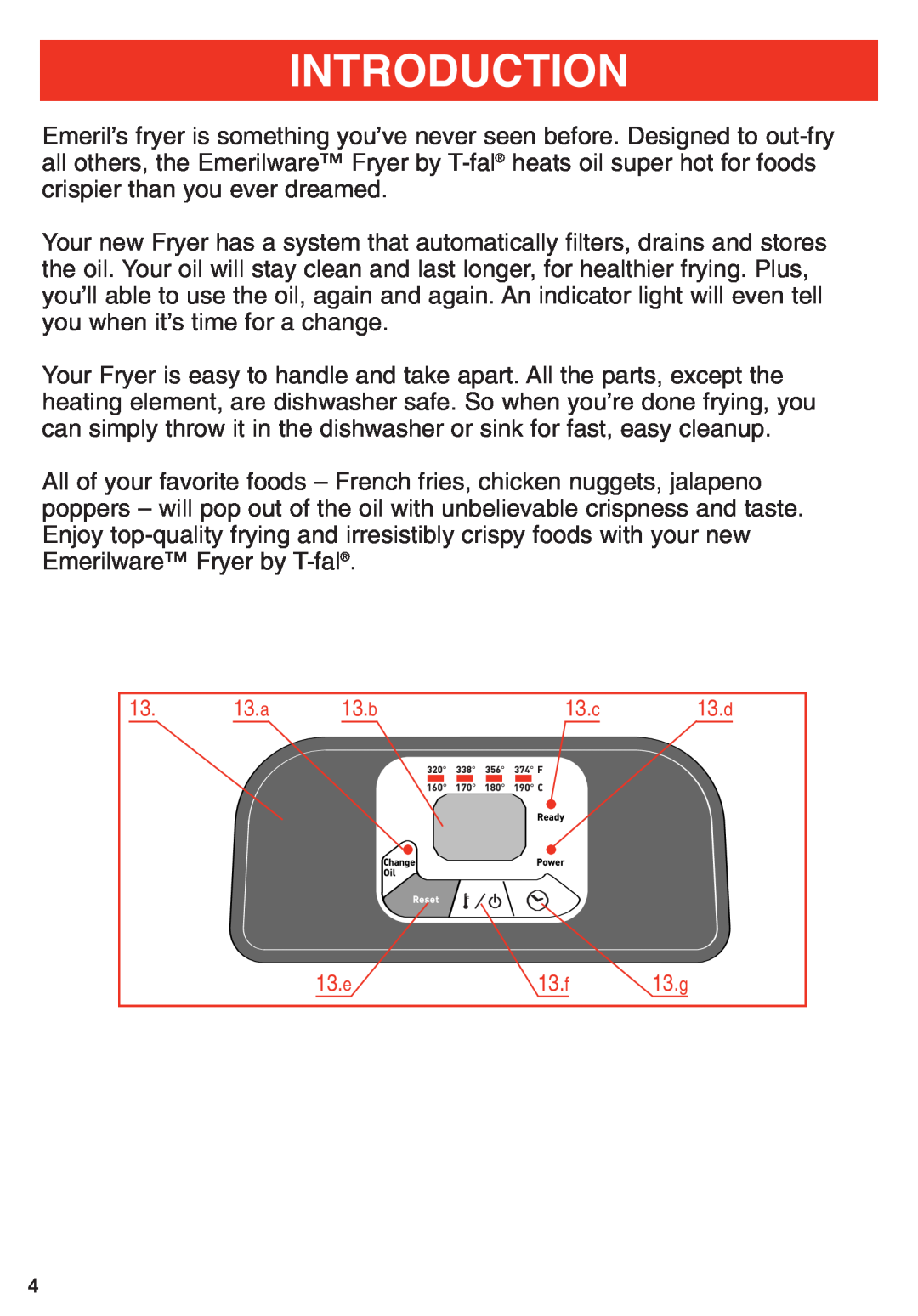 T-Fal Deep Fryer manual Introduction, 13. a, 13. b, 13. c, 13. e, 13. f, 13. g 
