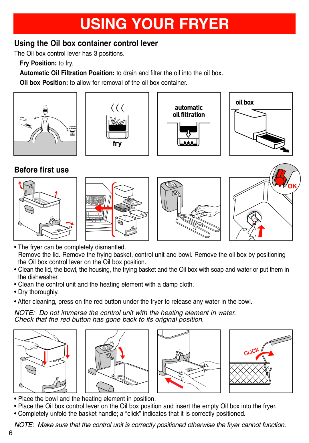 T-Fal Deep Fryer manual Using Your Fryer, Using the Oil box container control lever, Before first use, Fry Position to fry 