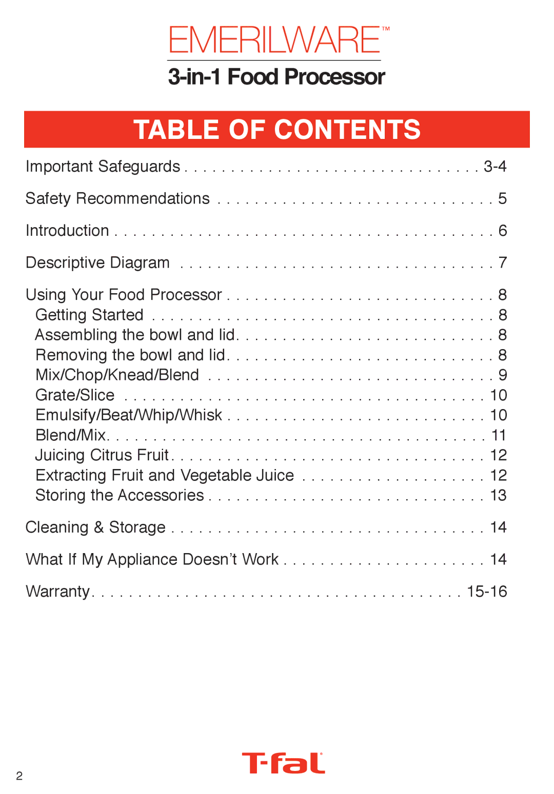 T-Fal Emerilware manual Table of Contents 