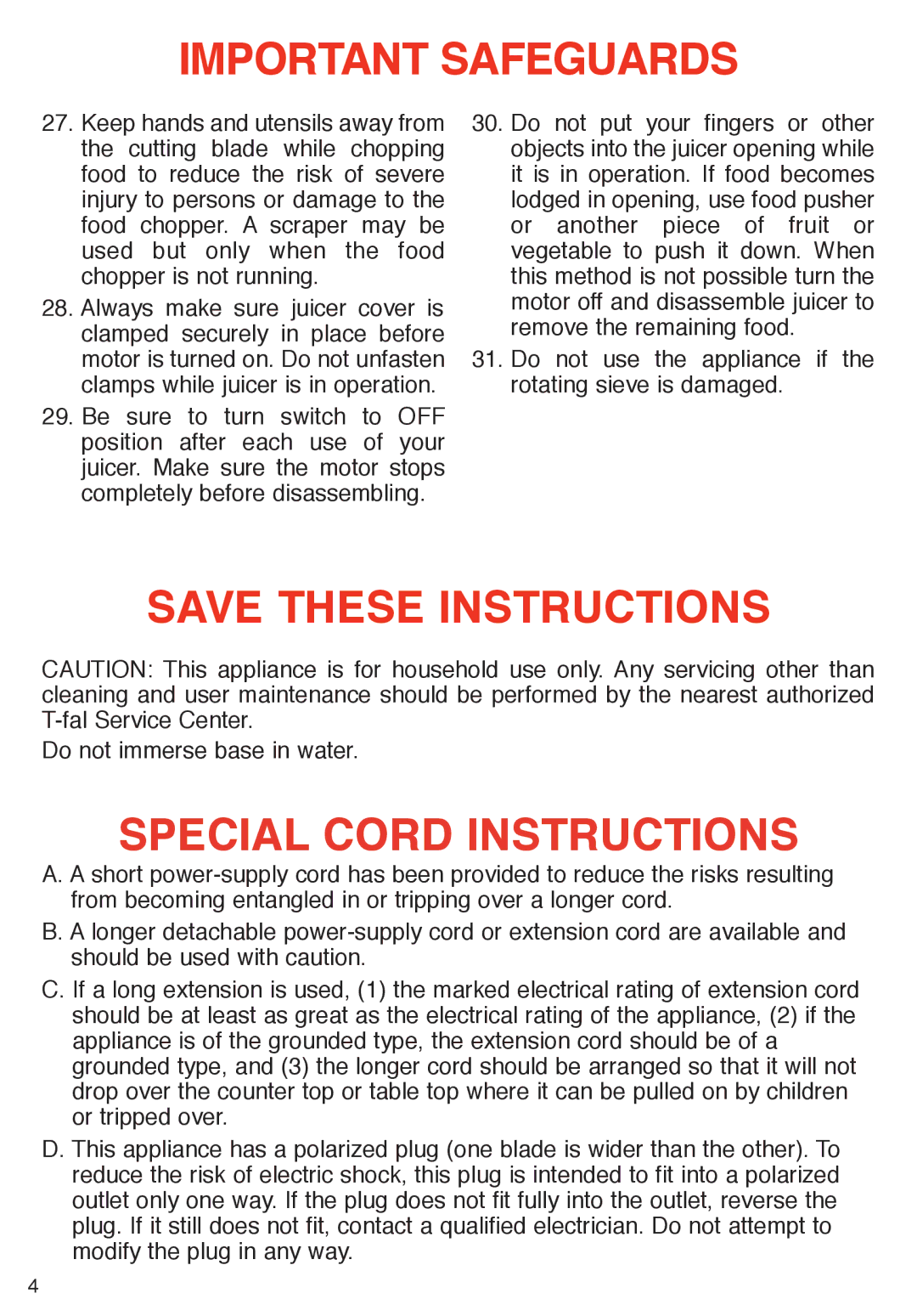 T-Fal Emerilware manual Special Cord Instructions 