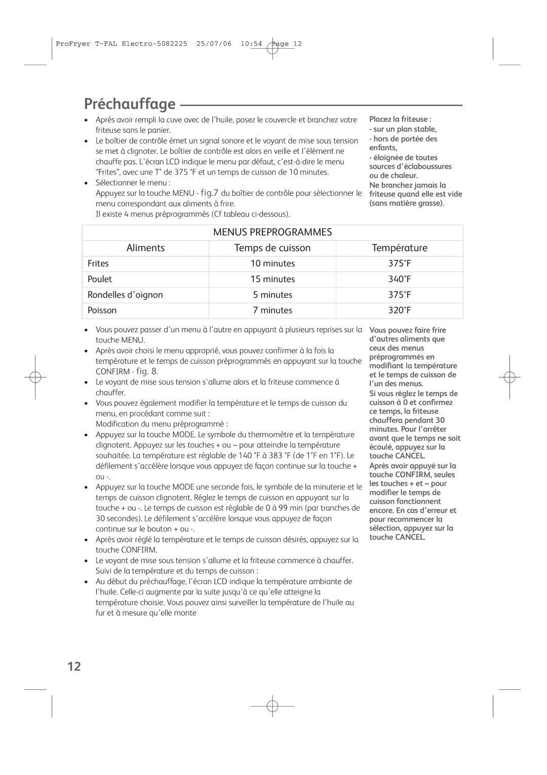 T-Fal Family Pro-Fryer manual Préchauffage, Frites, Poulet, Rondelles d’oignon, Poisson 