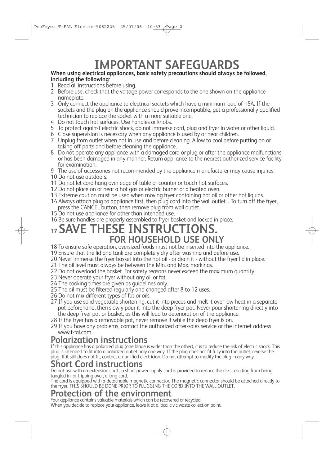 T-Fal Family Pro-Fryer manual Important Safeguards, Polarization instructions, Short Cord instructions 