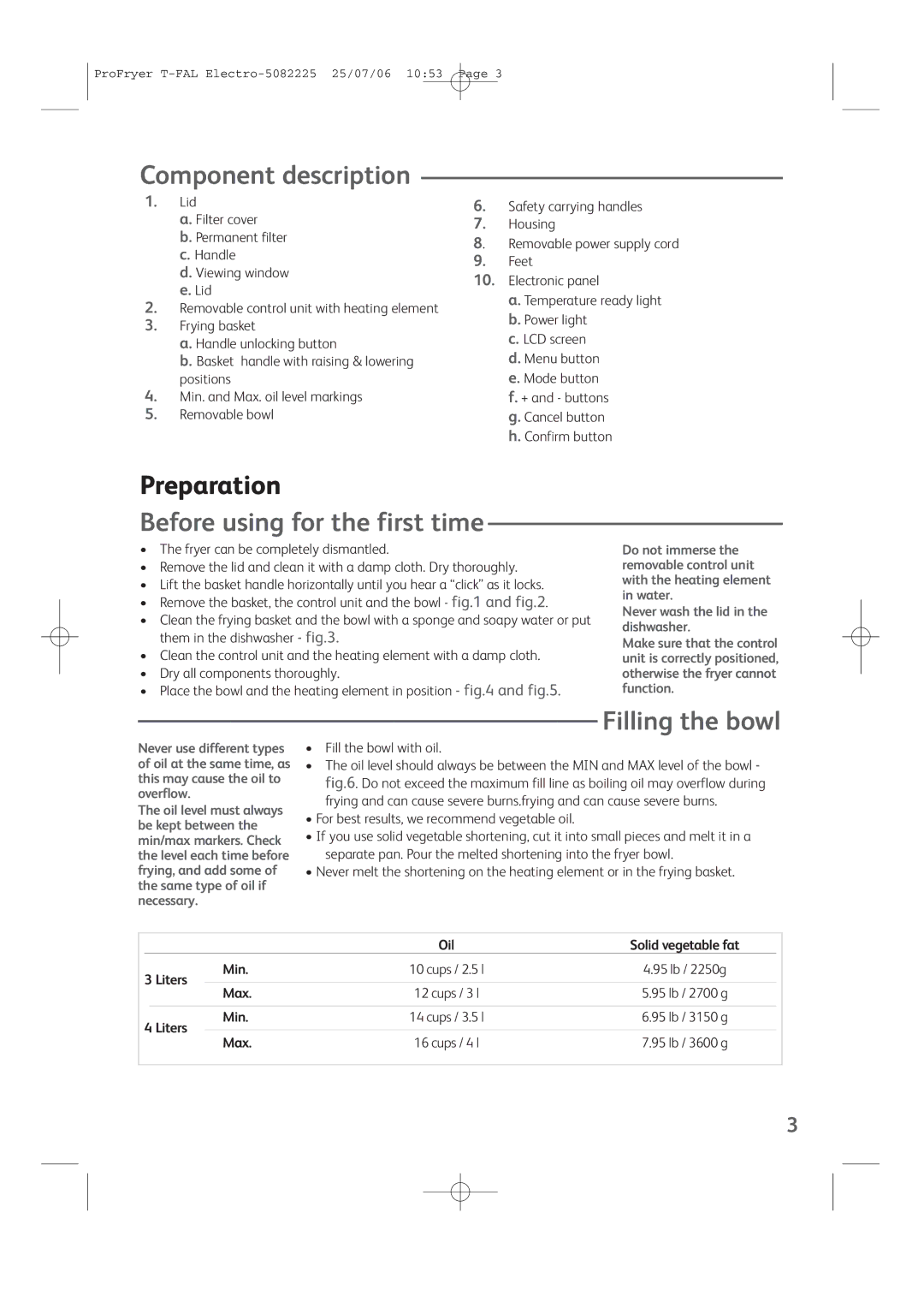 T-Fal Family Pro-Fryer Component description, Before using for the first time, Filling the bowl, Fill the bowl with oil 