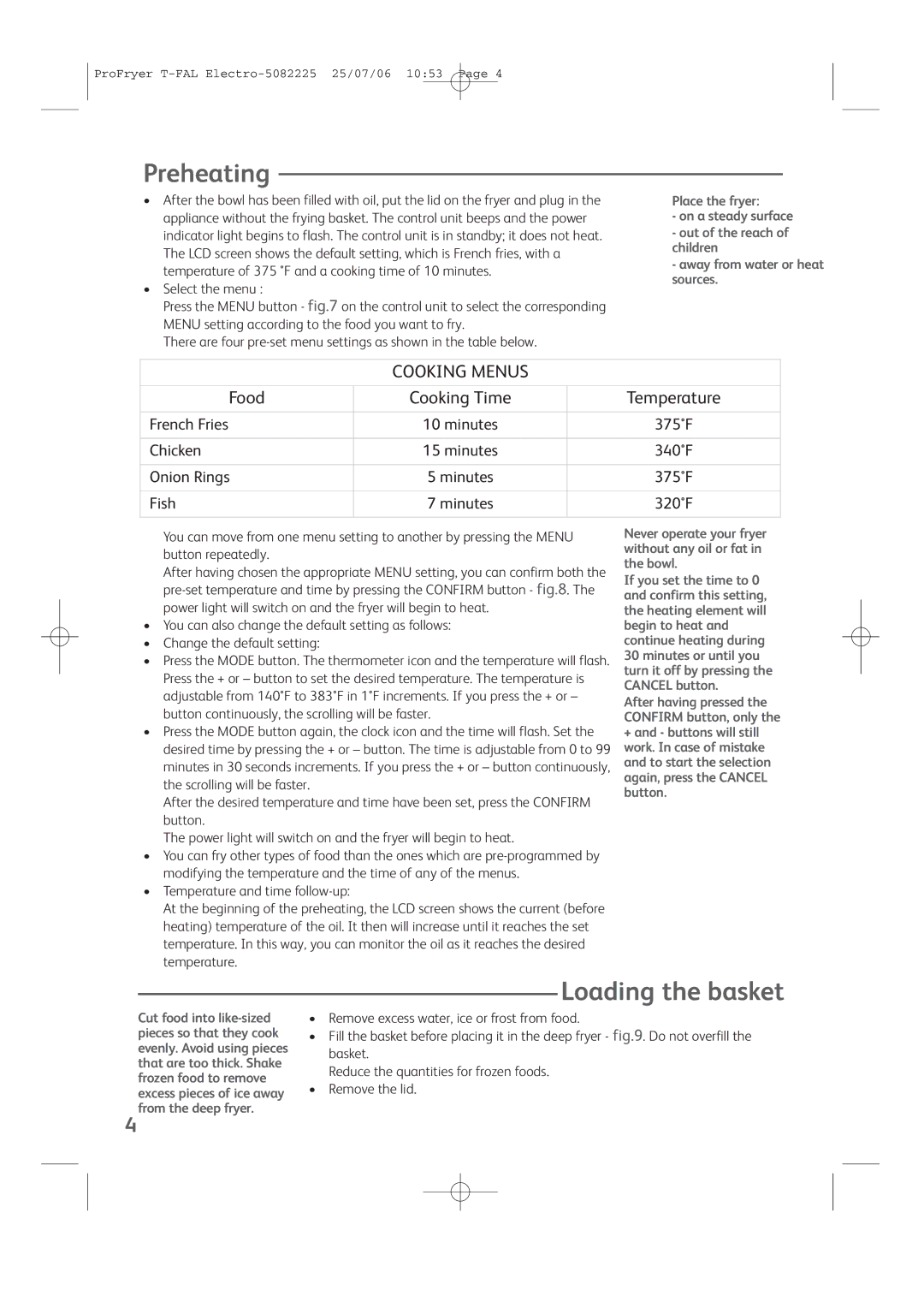 T-Fal Family Pro-Fryer manual Preheating, Loading the basket 