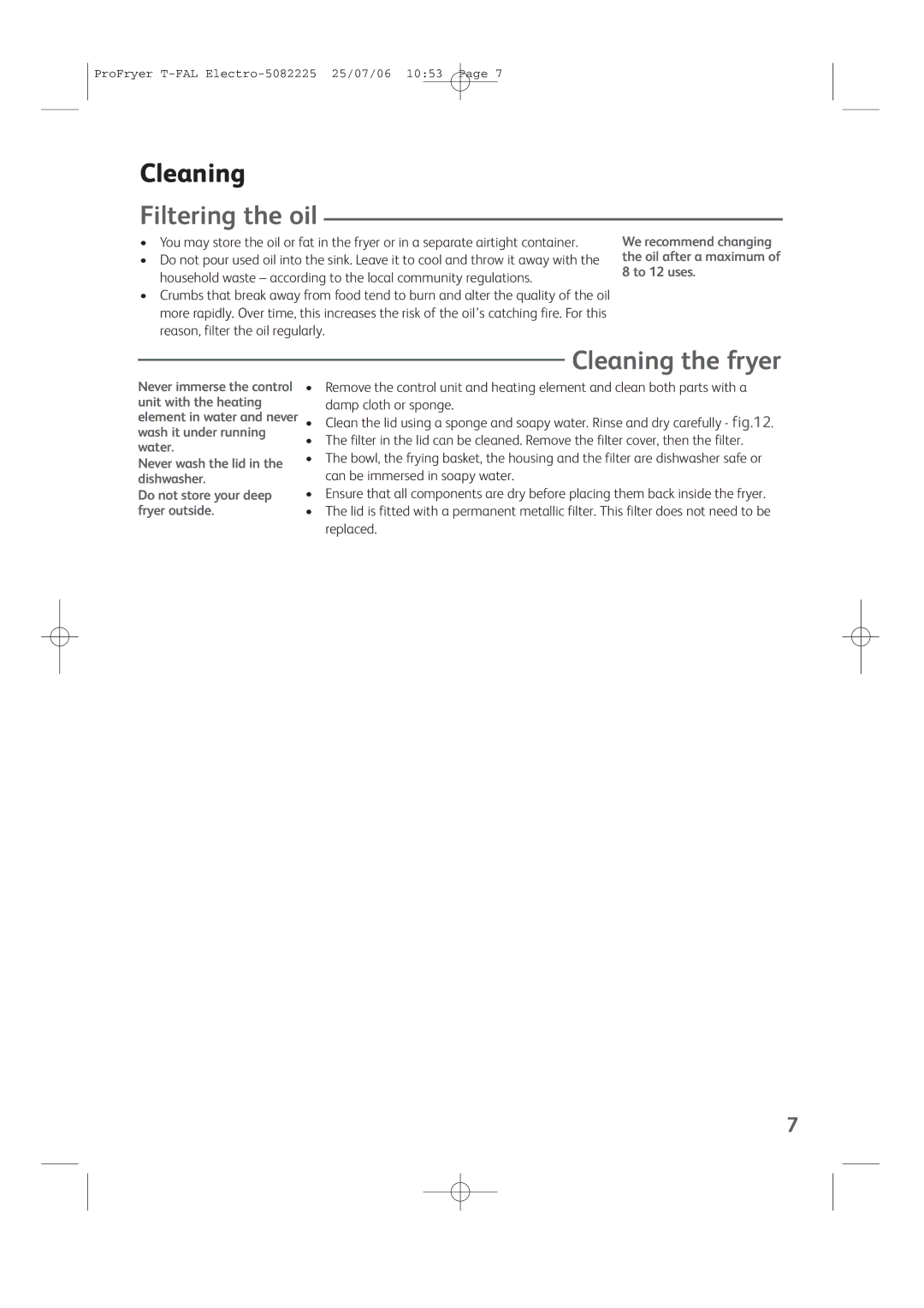 T-Fal Family Pro-Fryer manual Filtering the oil, Cleaning the fryer 