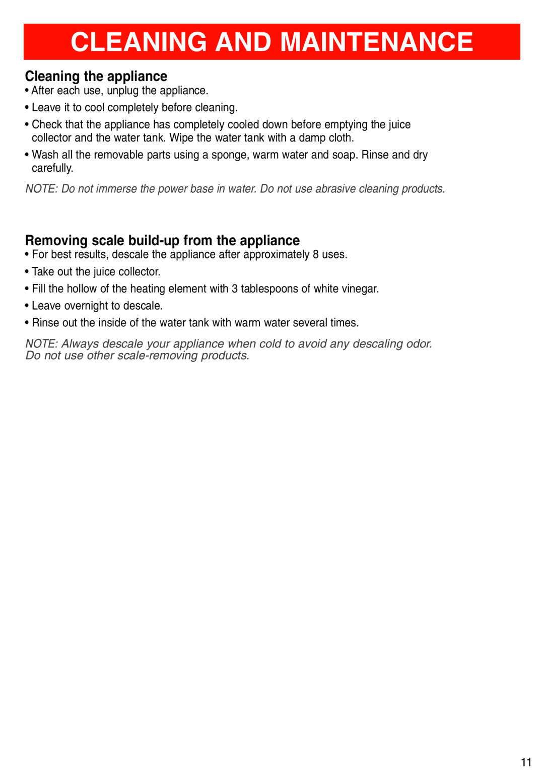 T-Fal Steamer manual Cleaning and Maintenance, Cleaning the appliance, Removing scale build-up from the appliance 