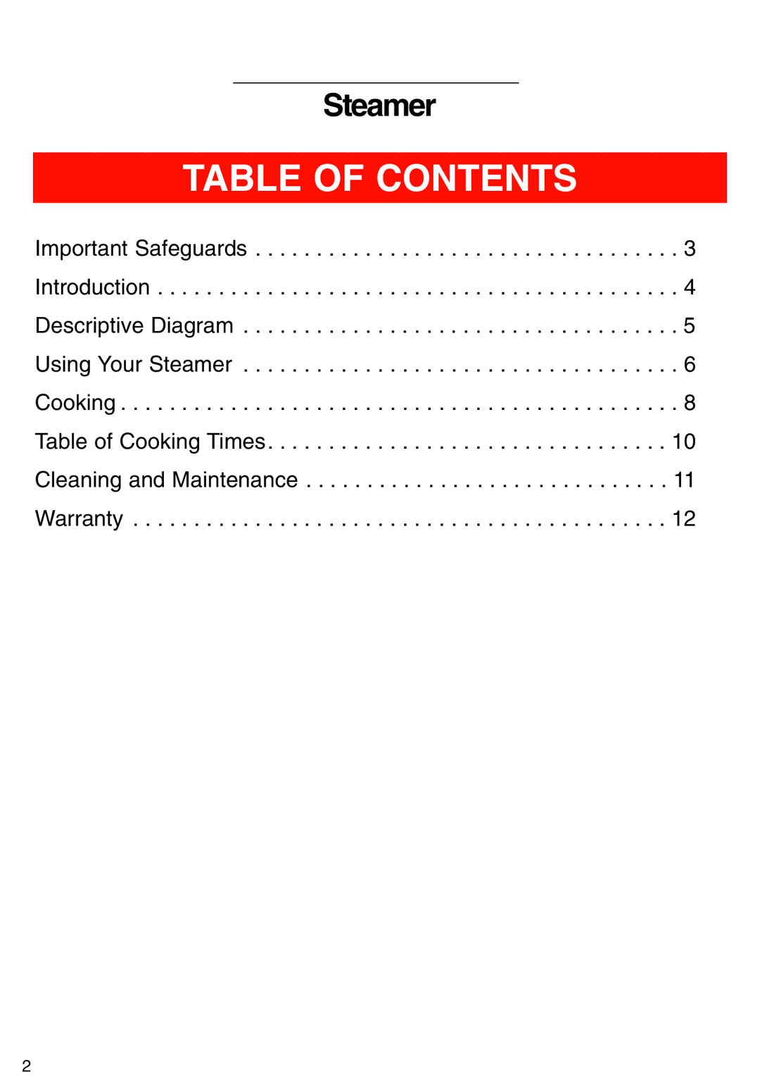 T-Fal Steamer manual Table of Contents 