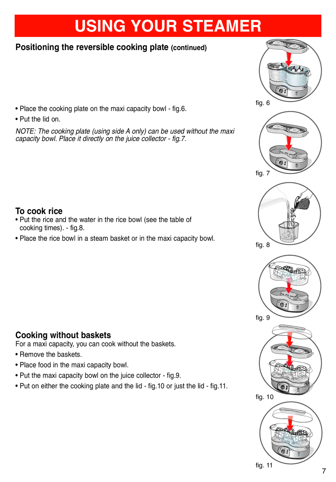 T-Fal Steamer manual To cook rice, Cooking without baskets 