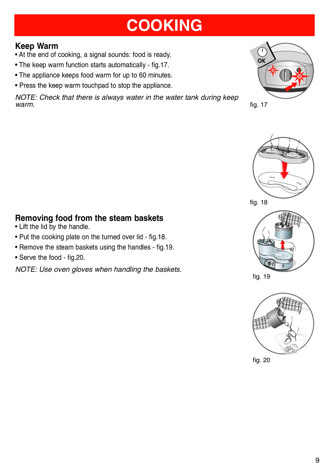 T-Fal Steamer manual Keep Warm, Removing food from the steam baskets 