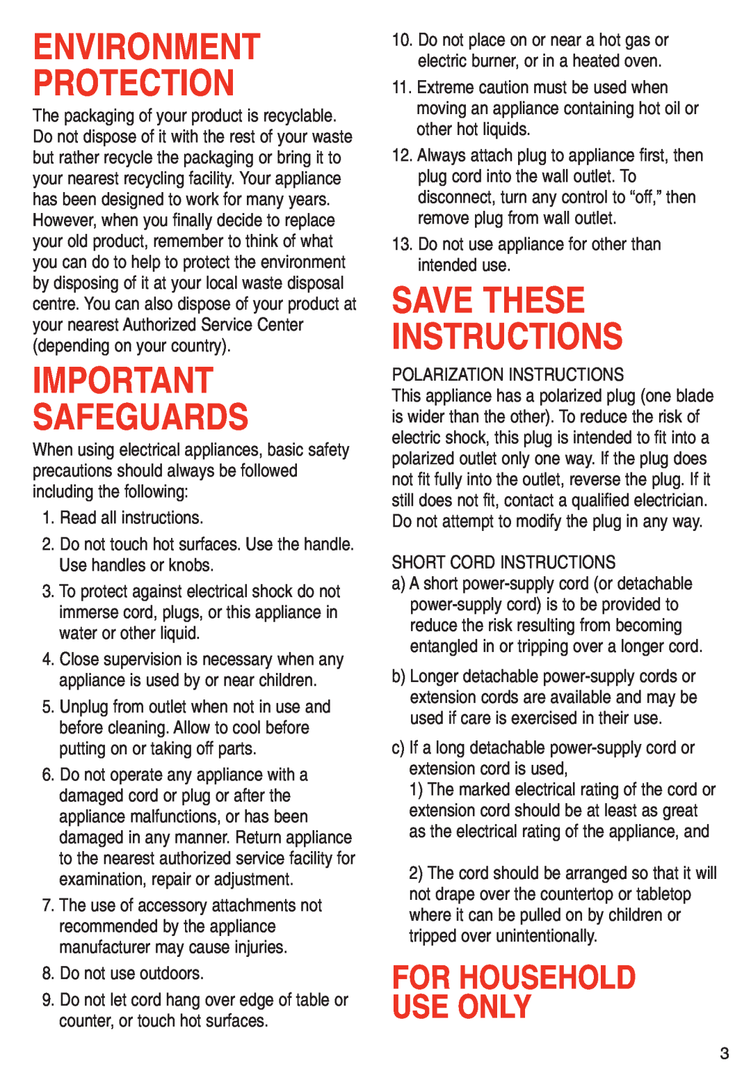 T-Fal Steamer manual Environment Protection, Safeguards, Save These Instructions, For Household Use Only 