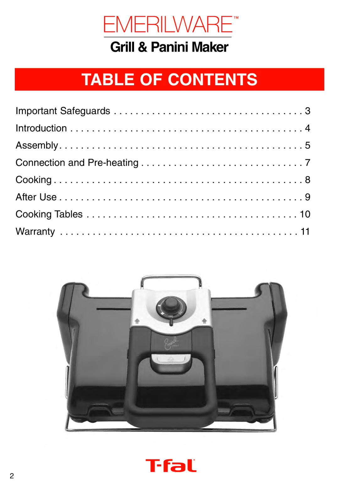 T-Fal Use Grill & Panini Maker manual Table of Contents 