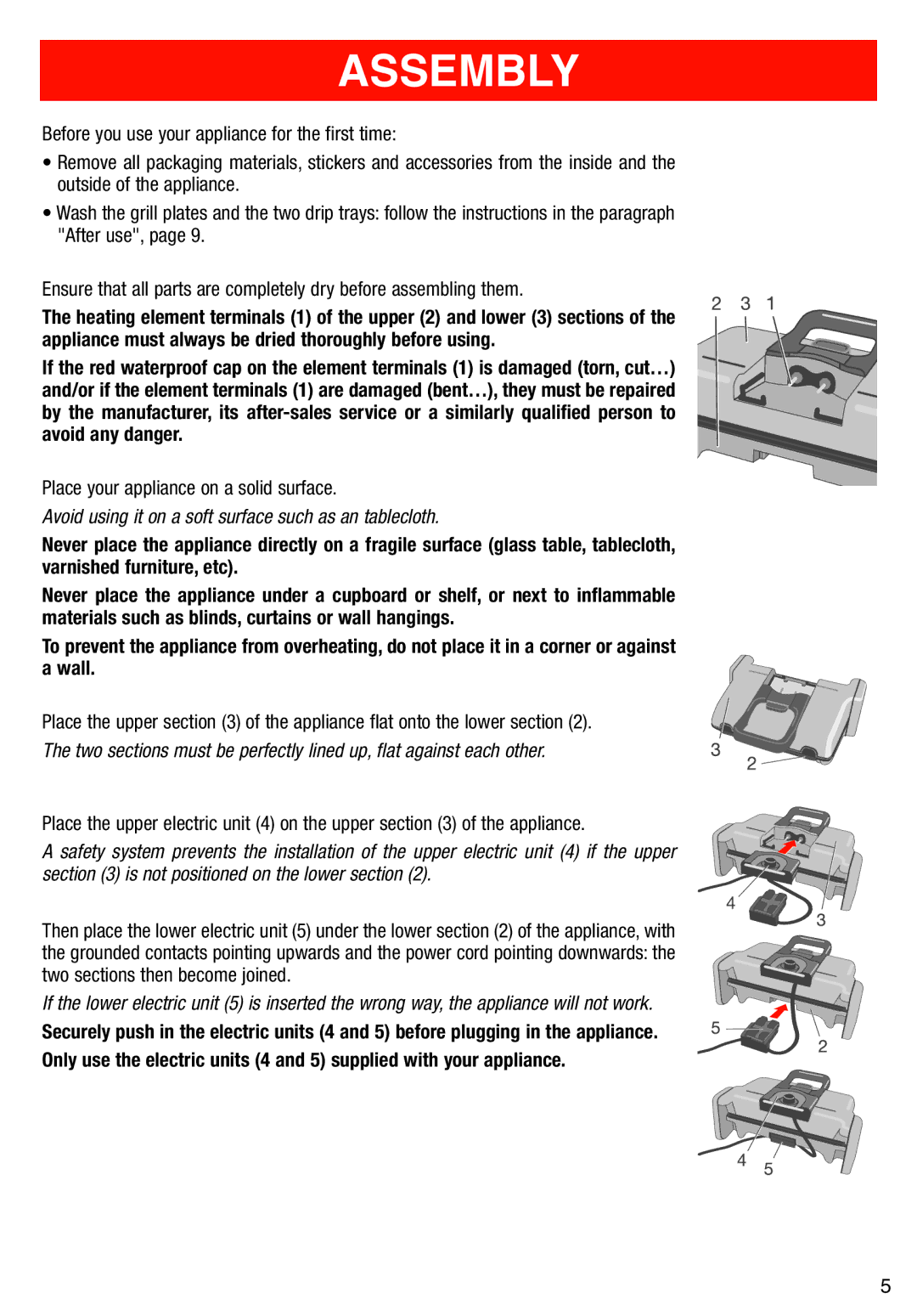 T-Fal Use Grill & Panini Maker manual Assembly, Avoid any danger 