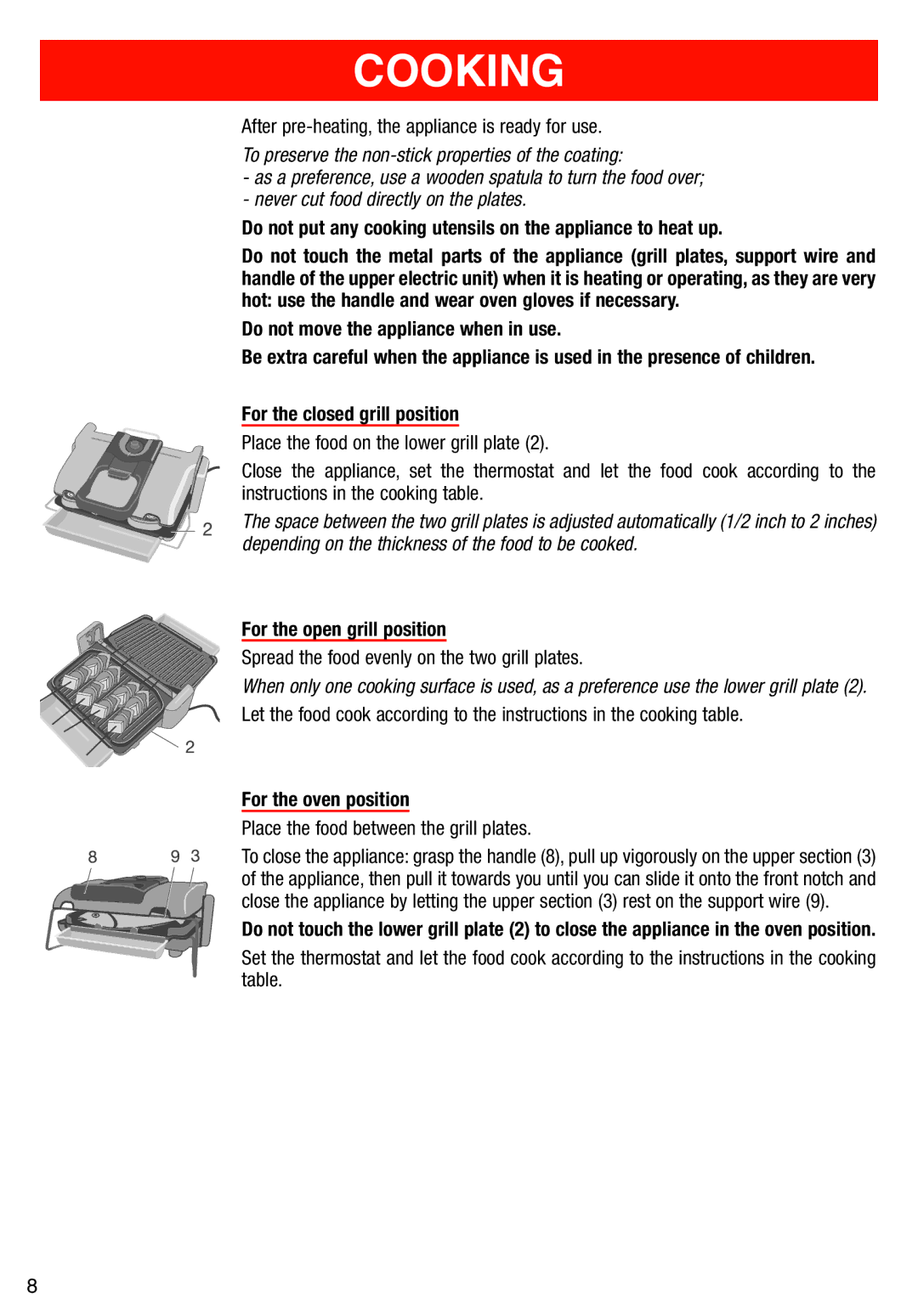 T-Fal Use Grill & Panini Maker manual Cooking, Do not put any cooking utensils on the appliance to heat up 