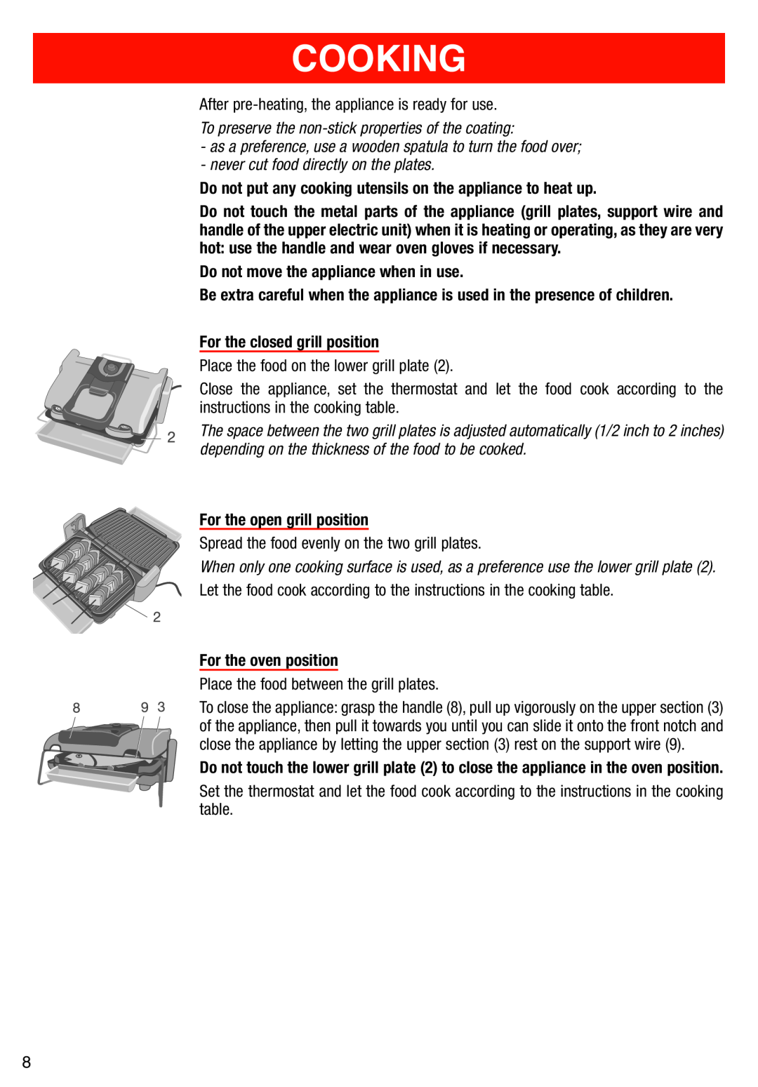 T-Fal Use Grill & Panini Maker manual Cooking, After pre-heating, the appliance is ready for use 