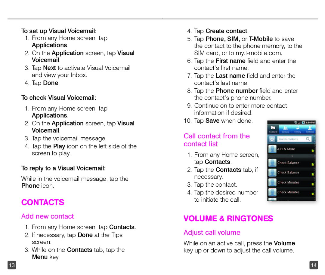 T-Mobile 4G manual Contacts, Volume & Ringtones, Add new contact, Call contact from the contact list, Adjust call volume 