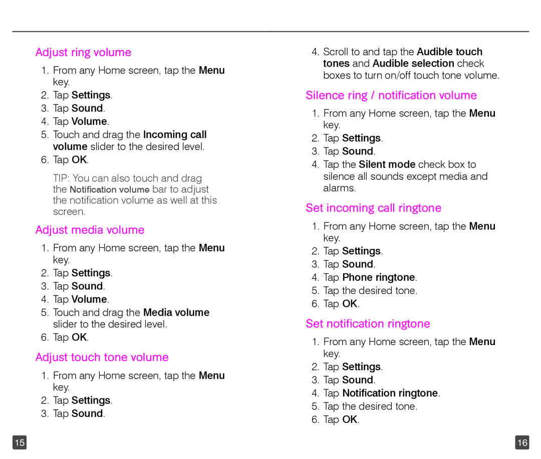 T-Mobile 4G manual Adjust ring volume, Adjust media volume, Adjust touch tone volume, Silence ring / notification volume 