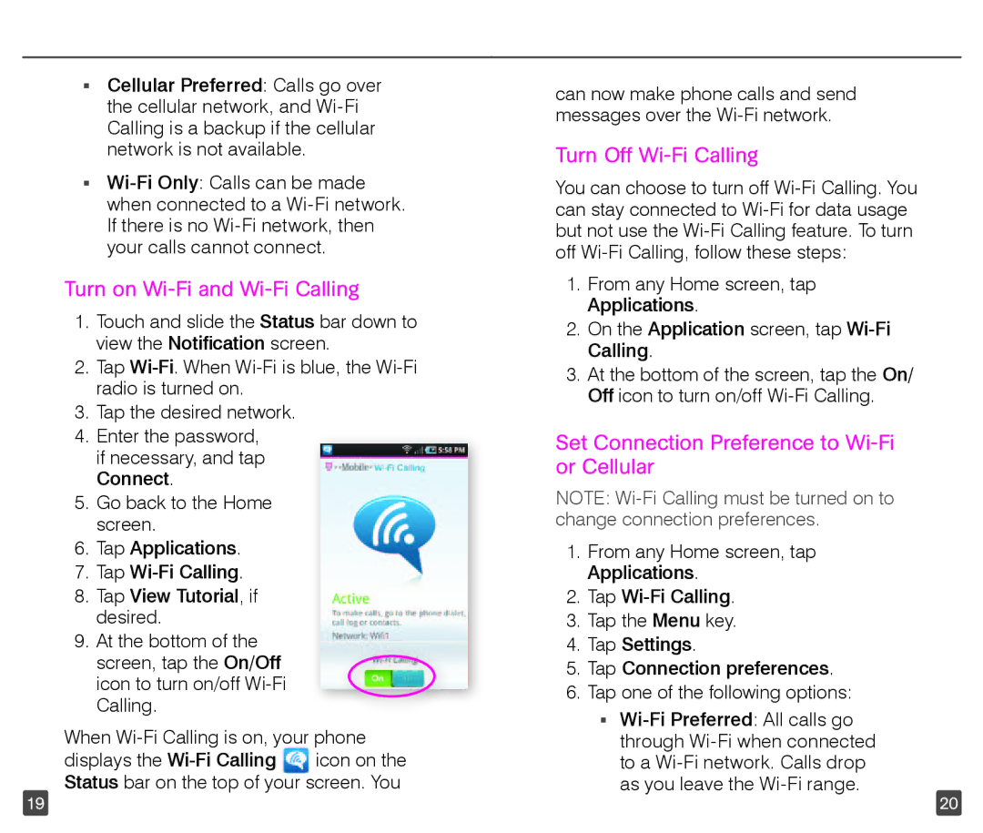 T-Mobile 4G manual Turn on Wi-Fi and Wi-Fi Calling, Turn Off Wi-Fi Calling, Set Connection Preference to Wi-Fi or Cellular 