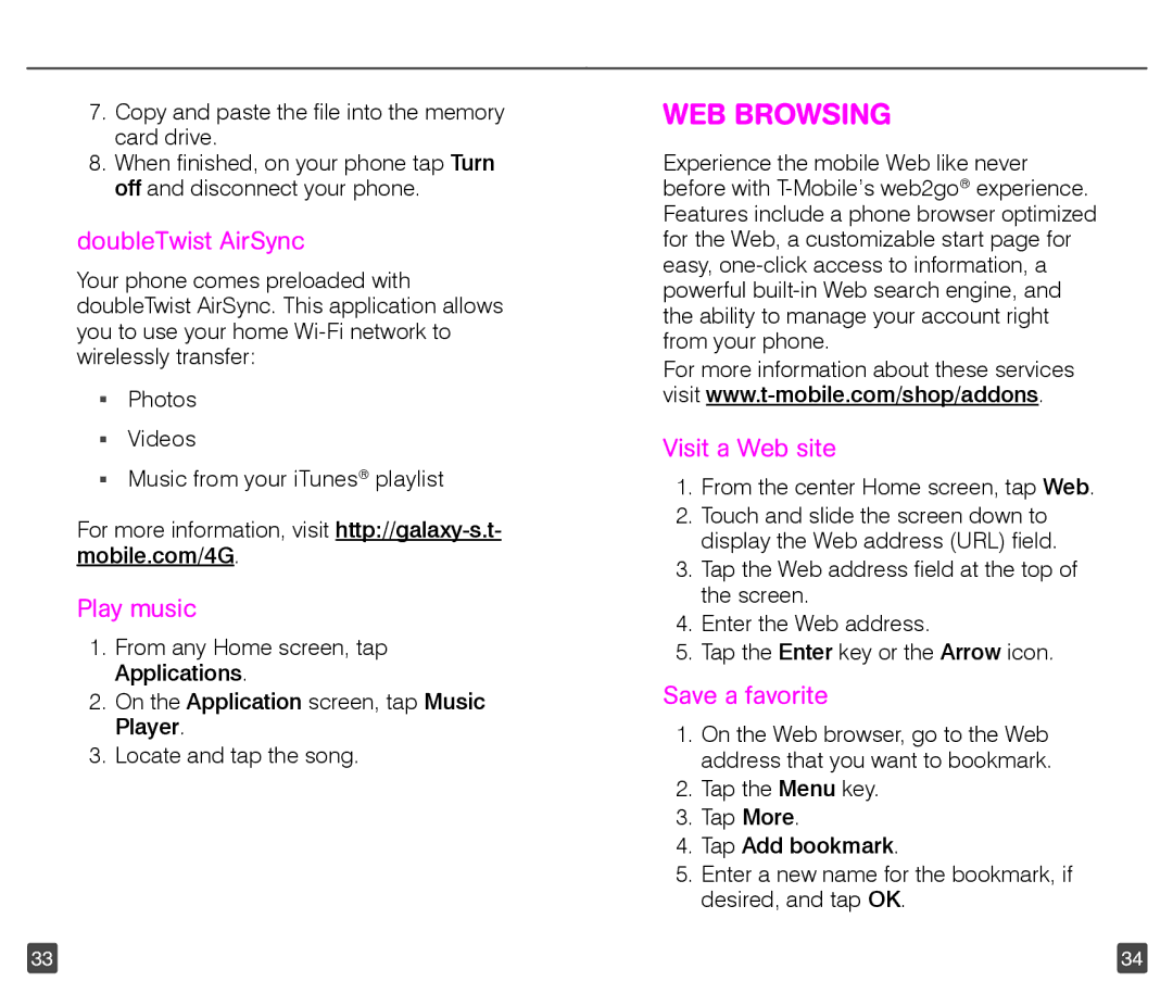 T-Mobile 4G manual WEB Browsing, DoubleTwist AirSync, Play music, Visit a Web site, Save a favorite 