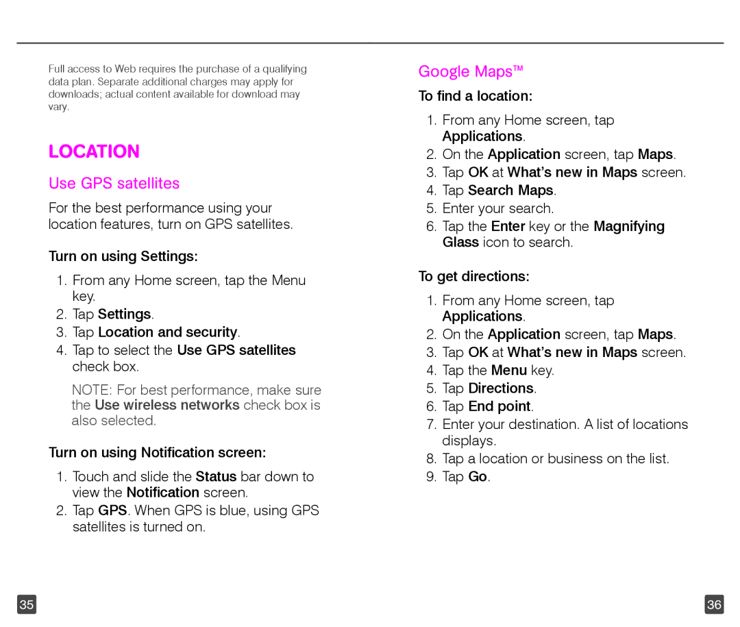 T-Mobile 4G manual Location, Use GPS satellites, Google Maps 