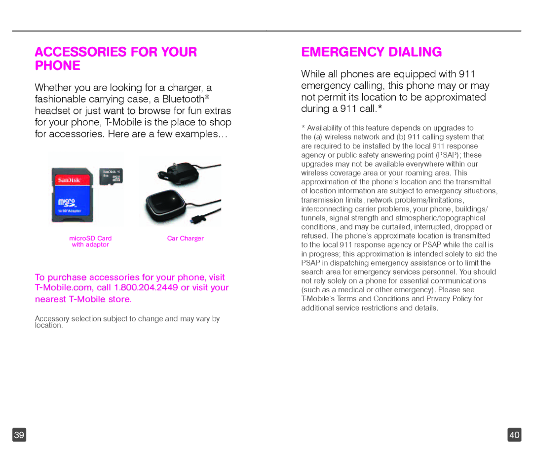 T-Mobile 4G manual Accessories for Your Phone, Emergency Dialing 