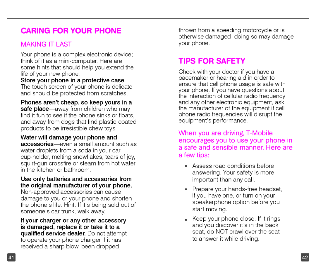 T-Mobile 4G manual Caring for Your Phone, Tips for Safety 