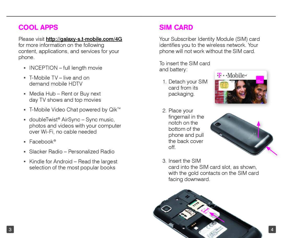 T-Mobile 4G manual Cool Apps, SIM Card 