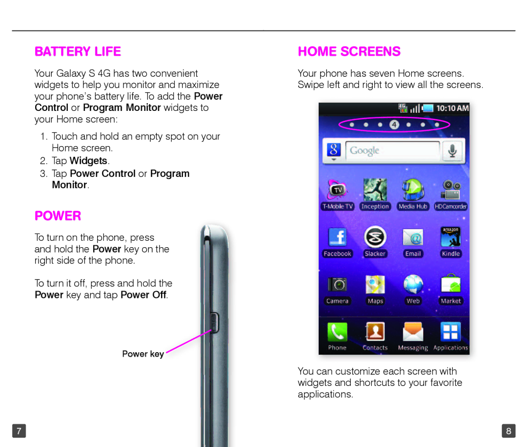 T-Mobile 4G manual Battery Life, Power, Home Screens 