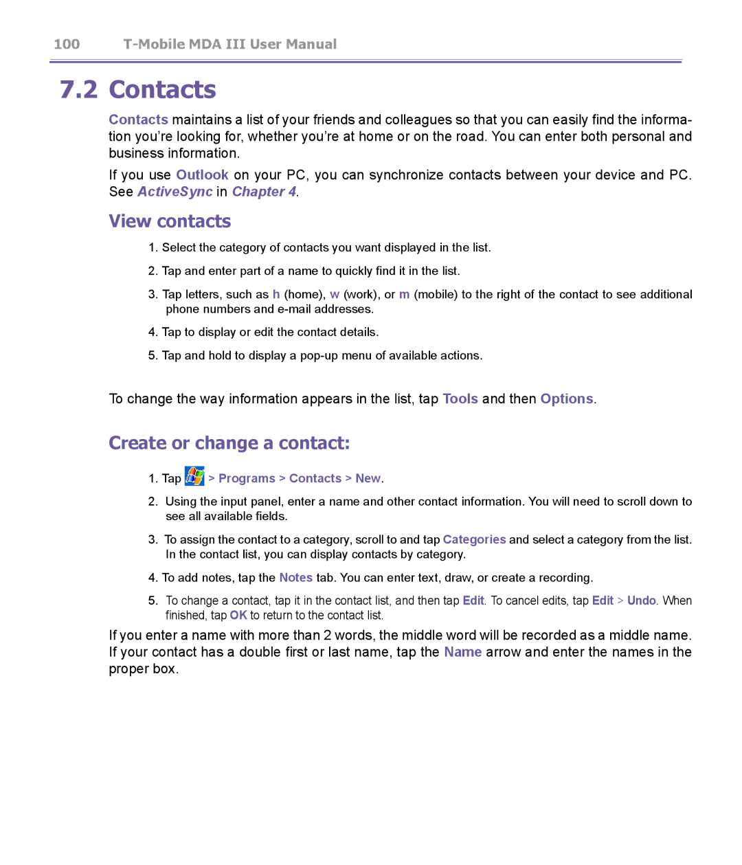 T-Mobile MDA III manual View contacts, Create or change a contact, Tap Programs Contacts New 