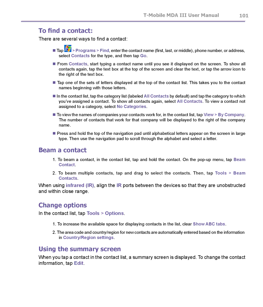 T-Mobile MDA III manual To find a contact, Beam a contact, Change options, Using the summary screen 