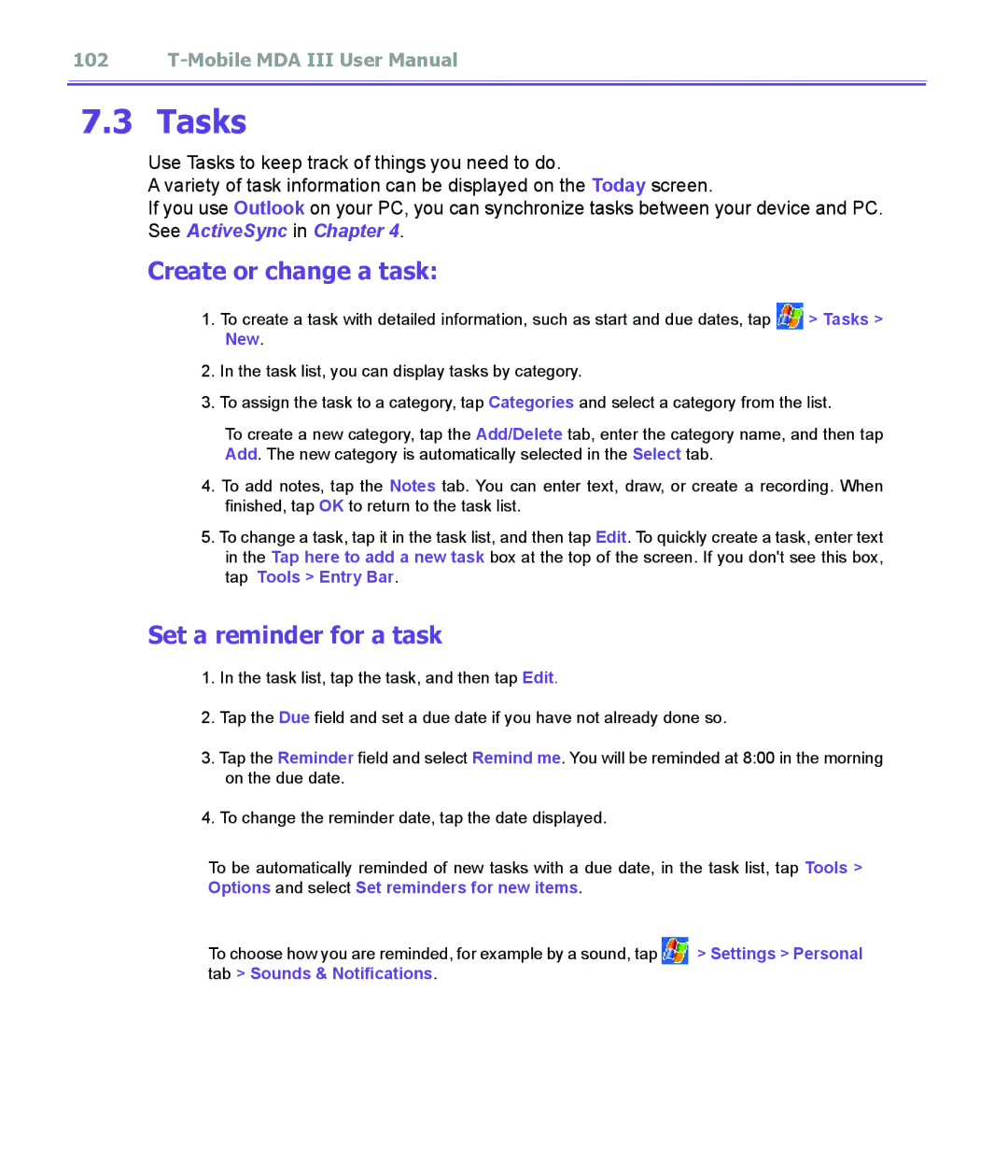 T-Mobile MDA III manual Tasks, Create or change a task, Set a reminder for a task 