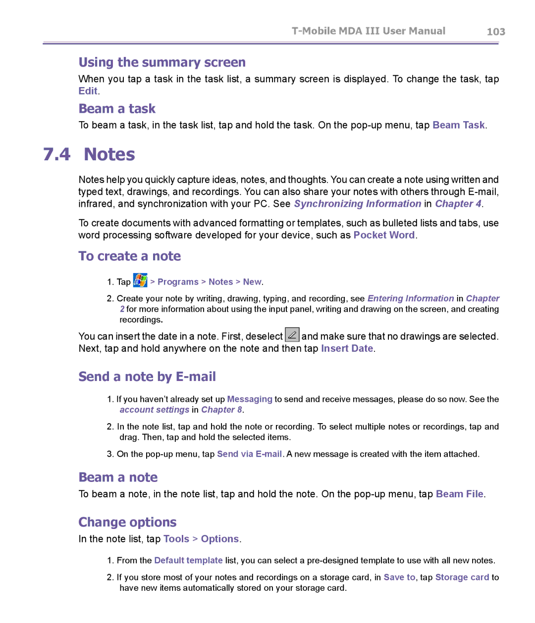 T-Mobile MDA III manual Beam a task, To create a note, Send a note by E-mail, Beam a note, Tap Programs Notes New 