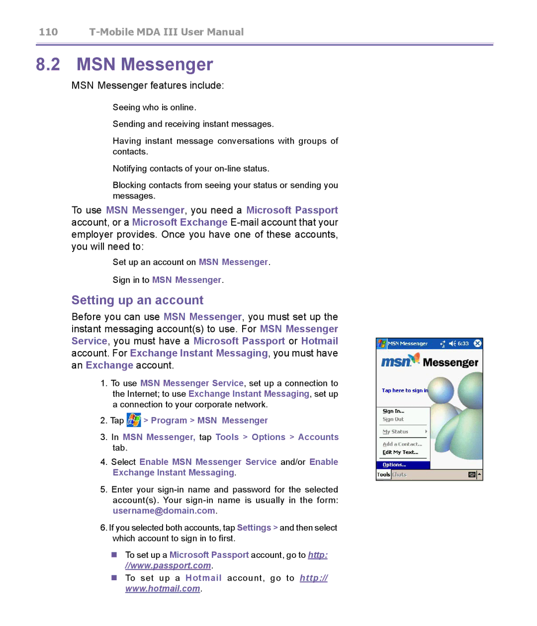 T-Mobile MDA III manual Setting up an account, MSN Messenger features include, Sign in to MSN Messenger 